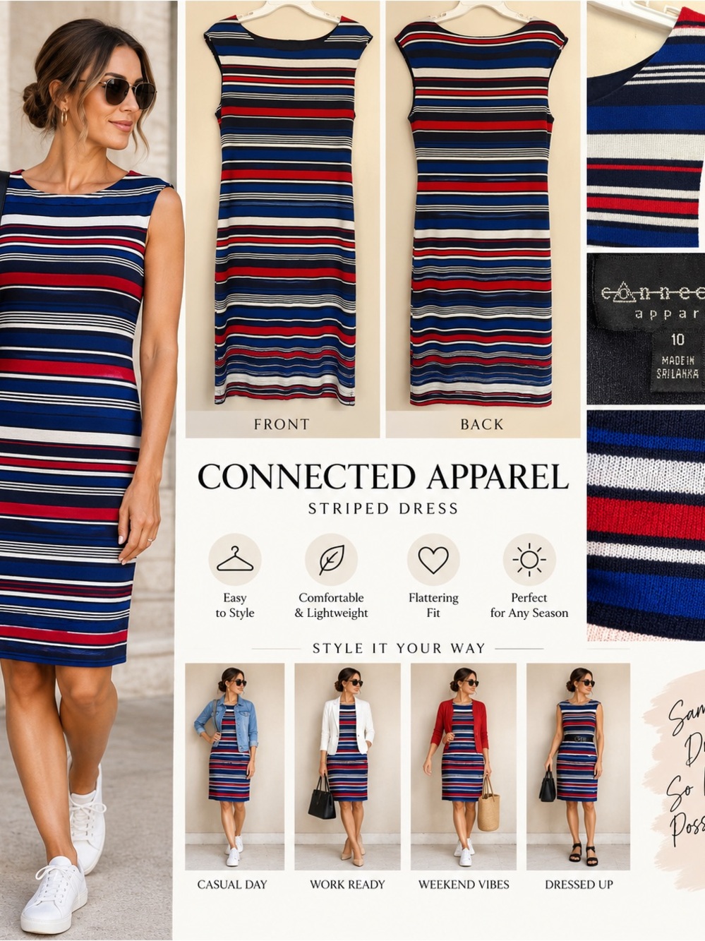 connected apparel Navy, Red, White & Gray Striped Sleeveless Dress